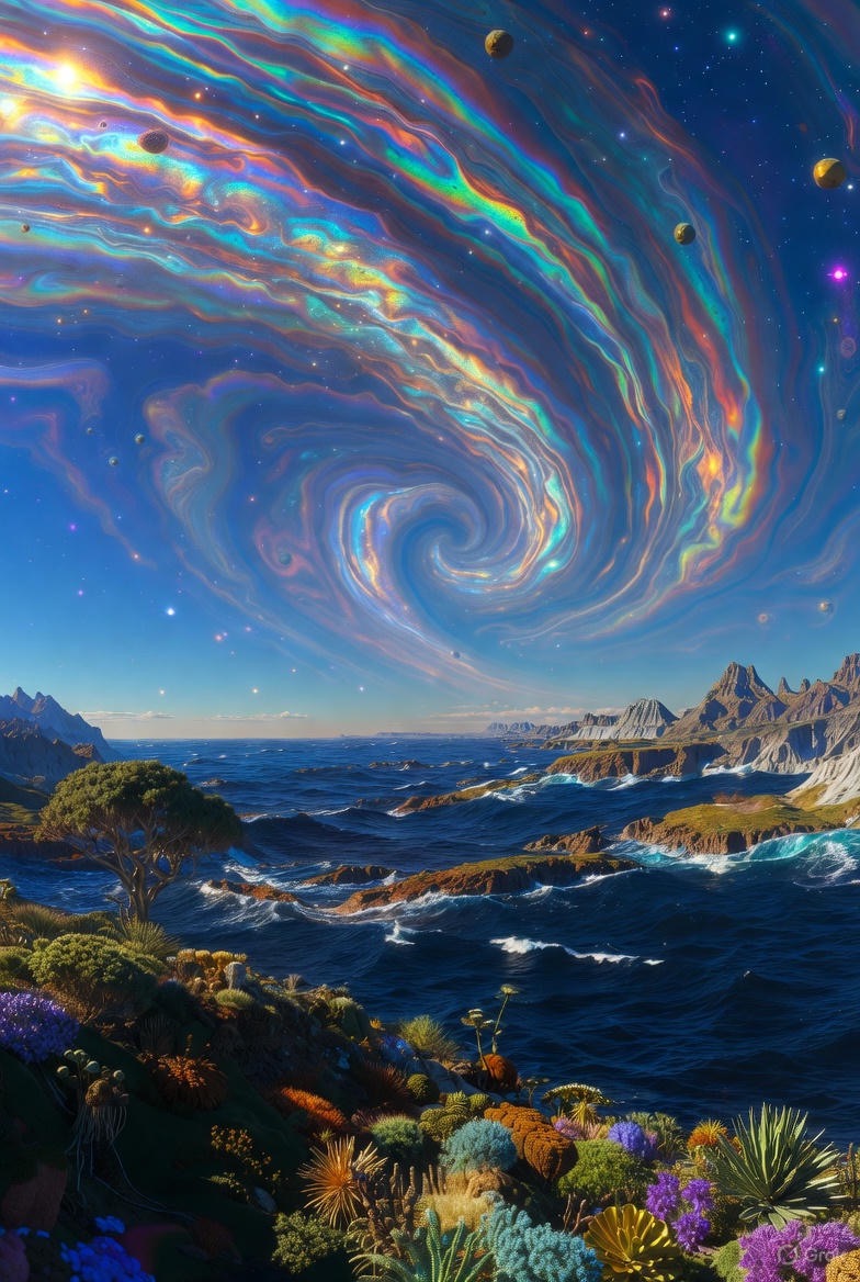 Planet Hoth - Swirling iridescent sky over cosmic ocean